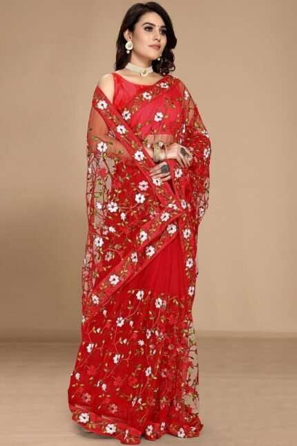 Women Embroidered Net Saree