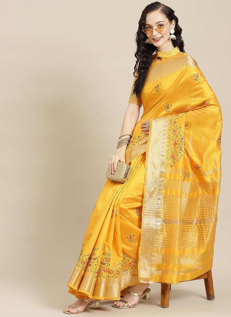 Assam Cotton Silk Thread Embroidered Work Temple Contrast Border Saree Festive Wear