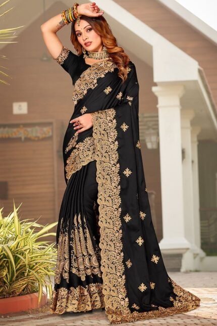 Black Satin Blend Embroidered Saree Party Wear