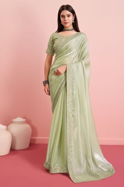 Green Organza Embroidered Sequins Border Saree For Women Party Wear