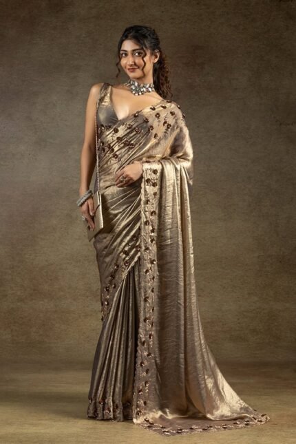 Grey Satin Silk Hand Embroidered Sequins With Applique And Stone Work Saree Wedding Wear