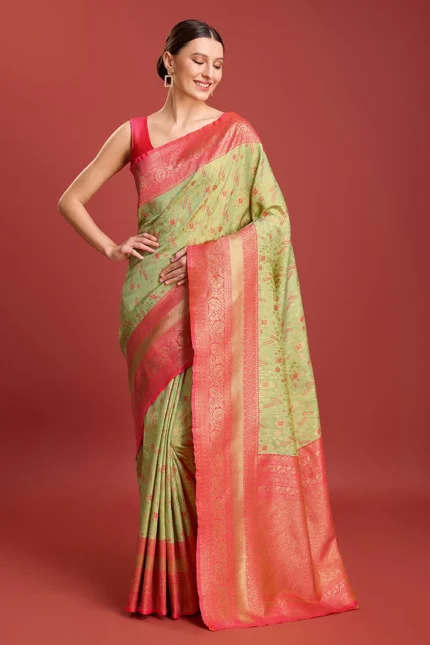 Kanchipuram Silk Green Zari Woven Border Saree For Traditional Indian Women Festive Wear