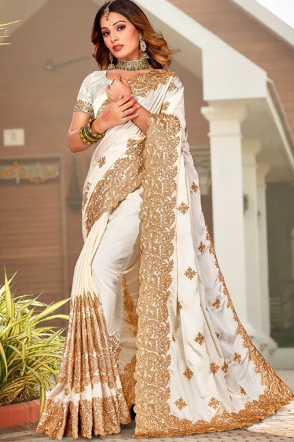 Off White Satin Blend Embroidered Saree Party Wear