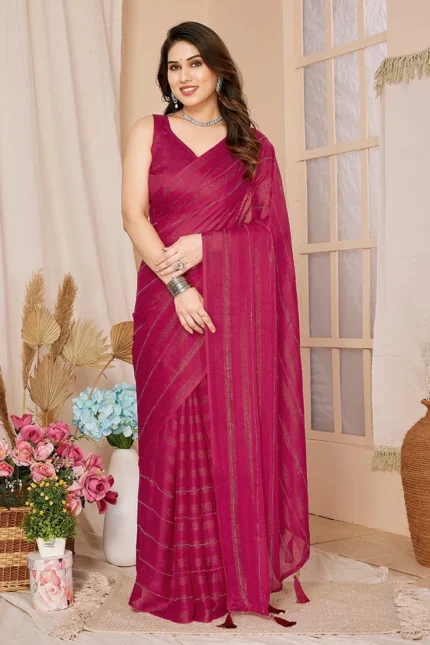 Wine Georgette Stone Embossed Pre Draped Elegant Saree With Blouse Party Wear