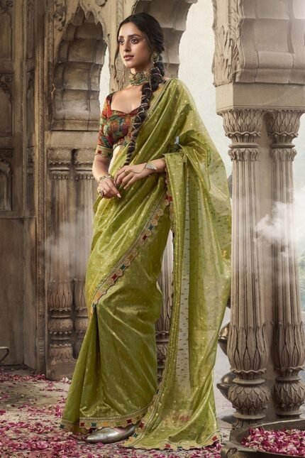 Pista Green Tissue Jacquard Zari Saree Festive Wear