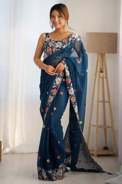 Teal Georgette Embroidered Sequins Saree After Six Wear